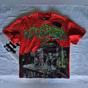 Godspeed Red Graphic Crewneck T-Shirt with Graffiti Print